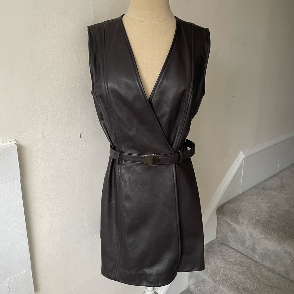 Vintage Jackie Bernard Brown Leather Sleeveless V-Neck Belted Mini Dress EUC 6 - Picture 1 of 7